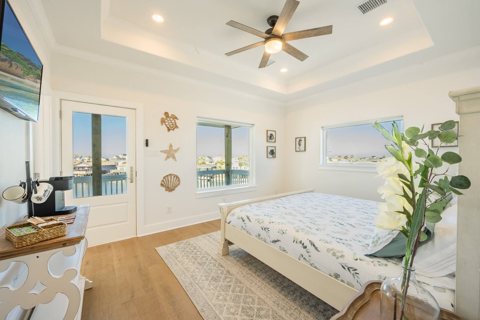 Upstairs king master bedroom with coffee bar and private deck